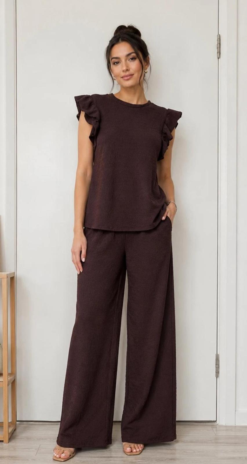 Women's Super Soft Pop Corn Material Frill Short Sleeve Top Trousers 2Pcs Co-Ord Loungewear Set