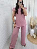 Women's Super Soft Pop Corn Material Frill Short Sleeve Top Trousers 2Pcs Co-Ord Loungewear Set
