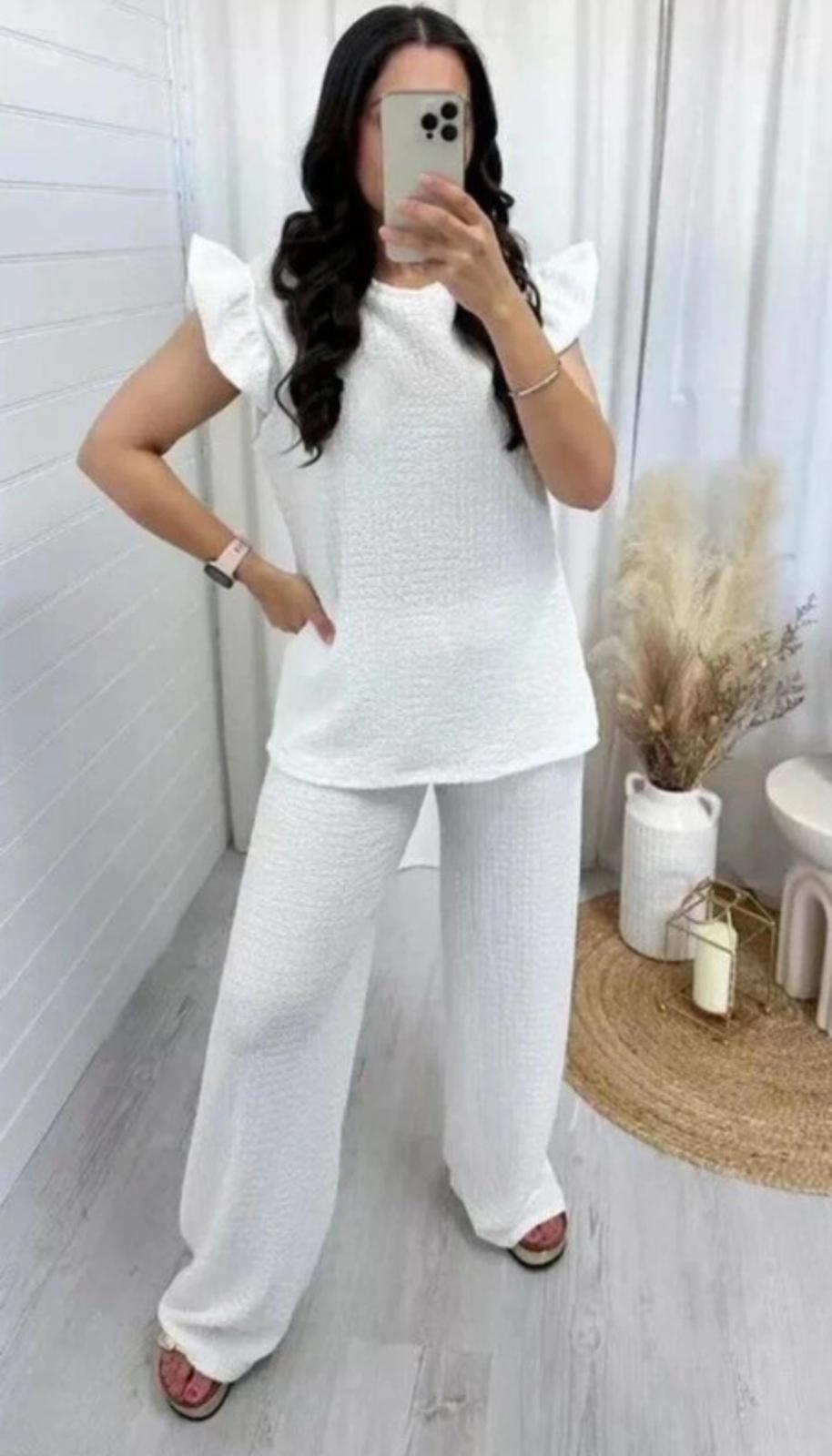 Women's Super Soft Pop Corn Material Frill Short Sleeve Top Trousers 2Pcs Co-Ord Loungewear Set
