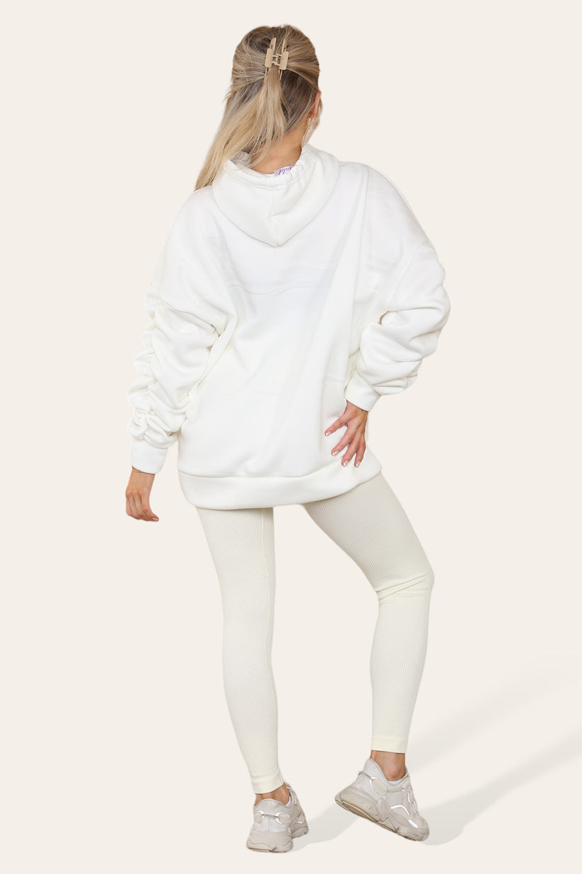 Plus Size Ruched Sleeves Hoodie With Satin Ribbon with High Waist High Rise Seamless Ribbed Legging Set