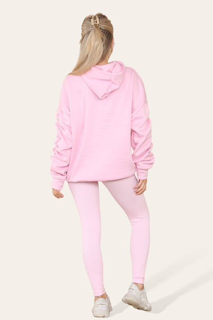 Plus Size Ruched Sleeves Hoodie With Satin Ribbon with High Waist High Rise Seamless Ribbed Legging Set