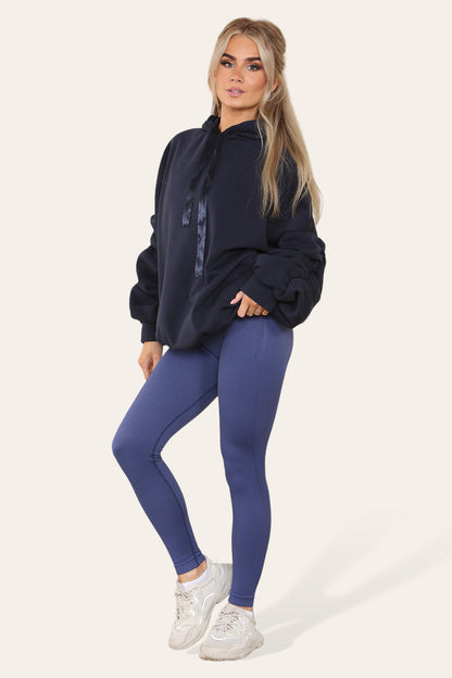 Plus Size Ruched Sleeves Hoodie With Satin Ribbon with High Waist High Rise Seamless Ribbed Legging Set