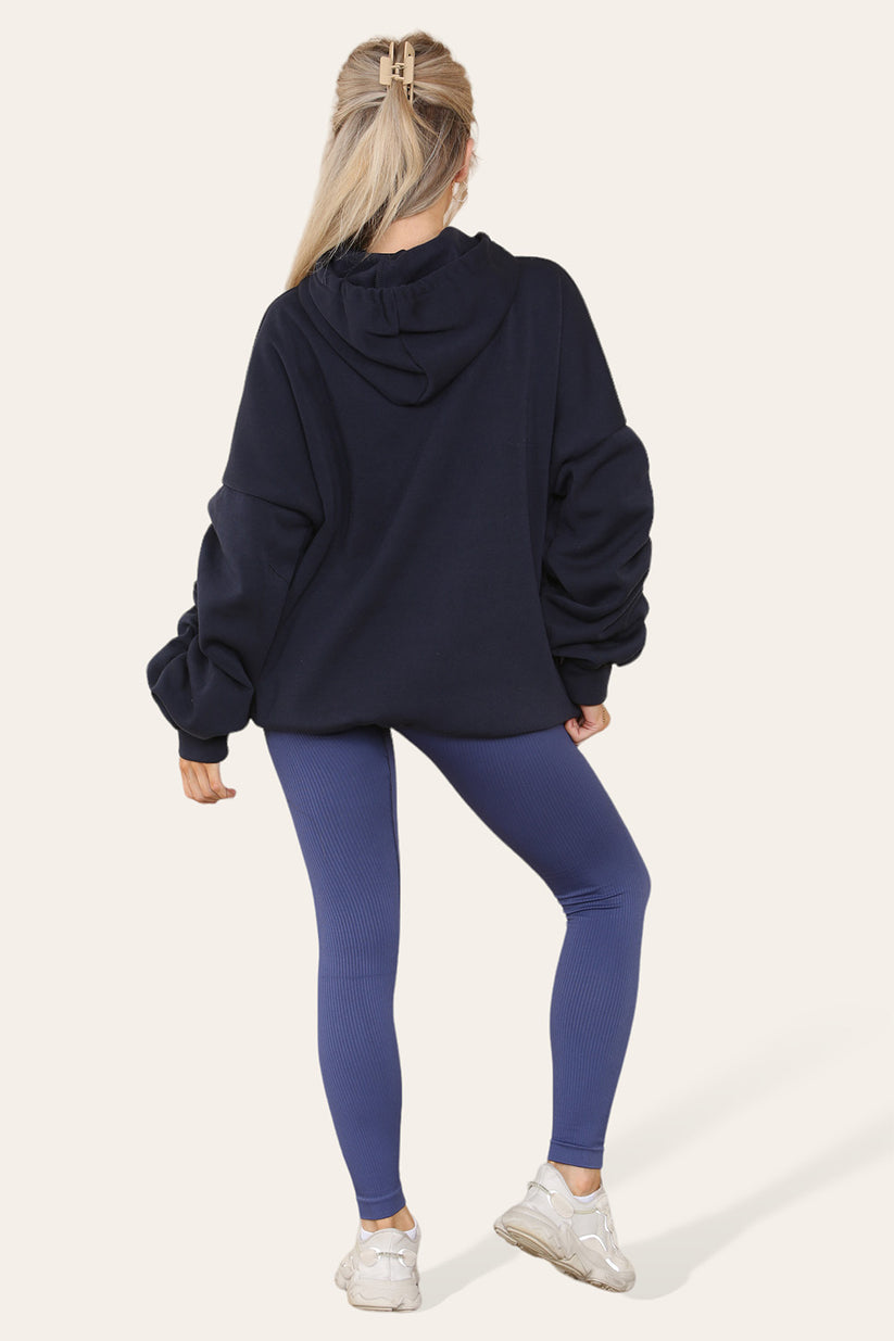 Plus Size Ruched Sleeves Hoodie With Satin Ribbon with High Waist High Rise Seamless Ribbed Legging Set