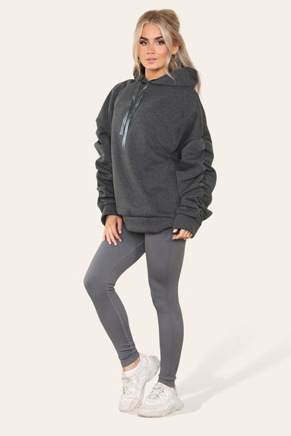 Plus Size Ruched Sleeves Hoodie With Satin Ribbon with High Waist High Rise Seamless Ribbed Legging Set