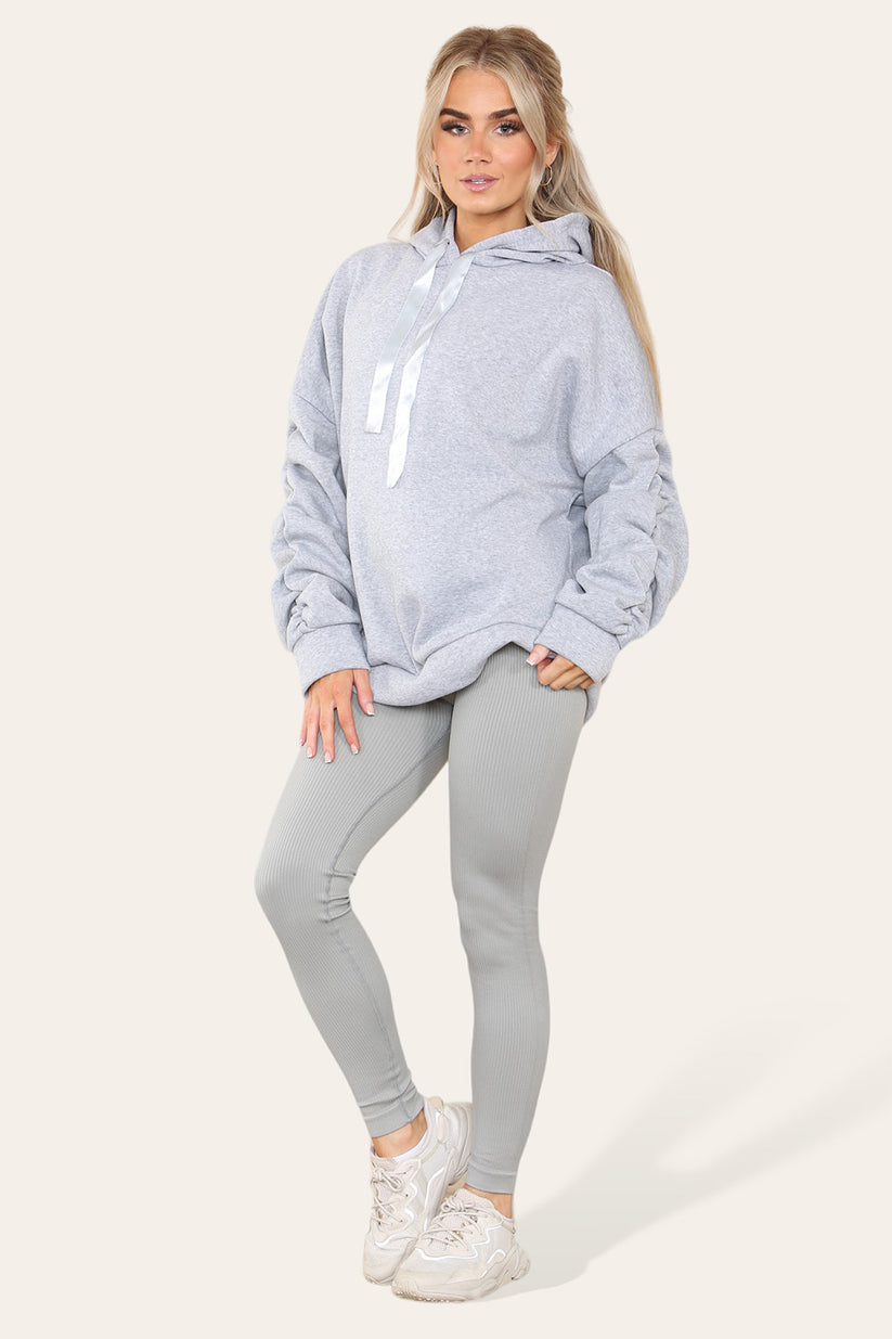 Plus Size Ruched Sleeves Hoodie With Satin Ribbon with High Waist High Rise Seamless Ribbed Legging Set