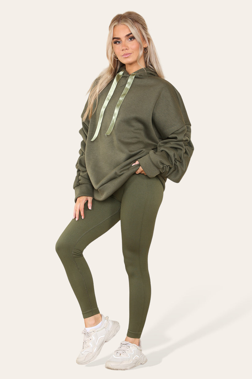 Plus Size Ruched Sleeves Hoodie With Satin Ribbon with High Waist High Rise Seamless Ribbed Legging Set