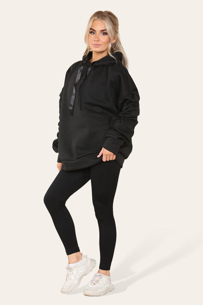 Plus Size Ruched Sleeves Hoodie With Satin Ribbon with High Waist High Rise Seamless Ribbed Legging Set