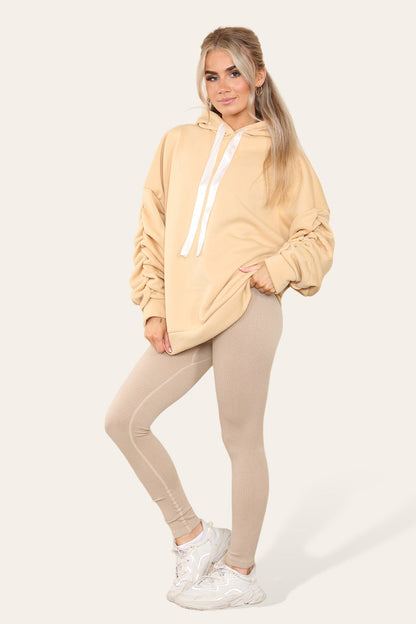 Plus Size Ruched Sleeves Hoodie With Satin Ribbon with High Waist High Rise Seamless Ribbed Legging Set