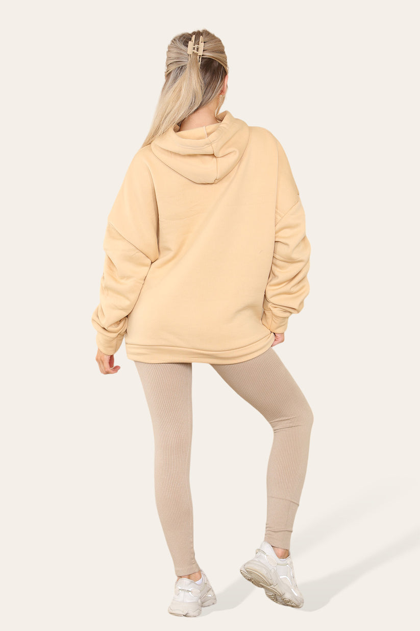 Plus Size Ruched Sleeves Hoodie With Satin Ribbon with High Waist High Rise Seamless Ribbed Legging Set