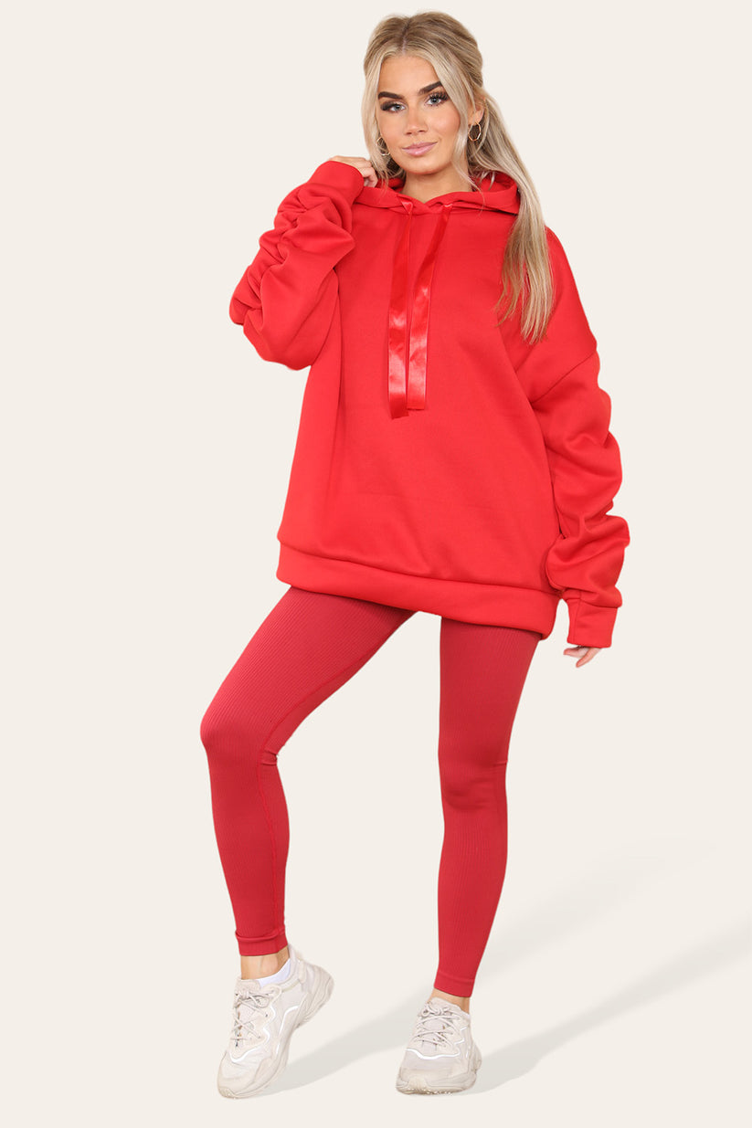 Plus Size Ruched Sleeves Hoodie With Satin Ribbon with High Waist High Rise Seamless Ribbed Legging Set