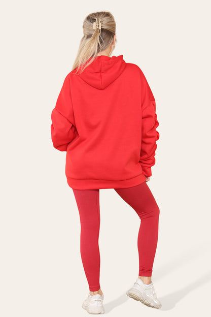 Plus Size Ruched Sleeves Hoodie With Satin Ribbon with High Waist High Rise Seamless Ribbed Legging Set