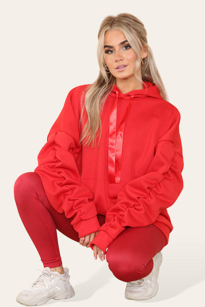 Plus Size Ruched Sleeves Hoodie With Satin Ribbon with High Waist High Rise Seamless Ribbed Legging Set