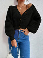 Chunky Knit Cardigan Balloon Sleeve Cropped 3 Button Jumper Soft Cozy Top