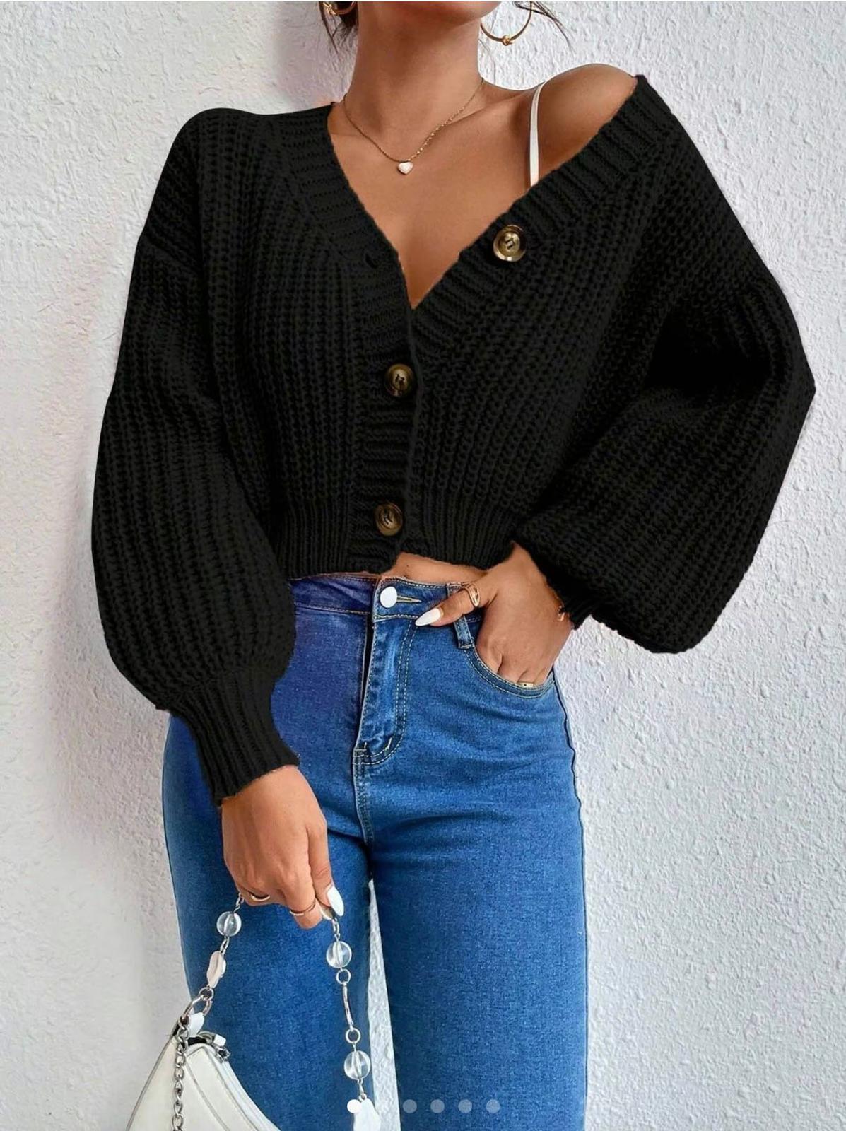 Chunky Knit Cardigan Balloon Sleeve Cropped 3 Button Jumper Soft Cozy Top
