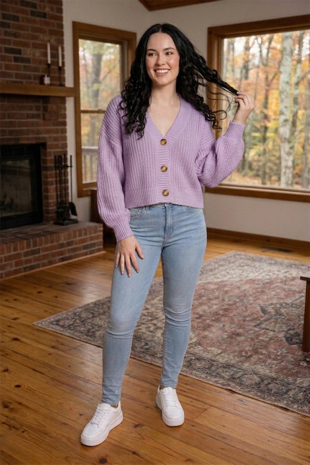 Chunky Knit Cardigan Balloon Sleeve Cropped 3 Button Jumper Soft Cozy Top
