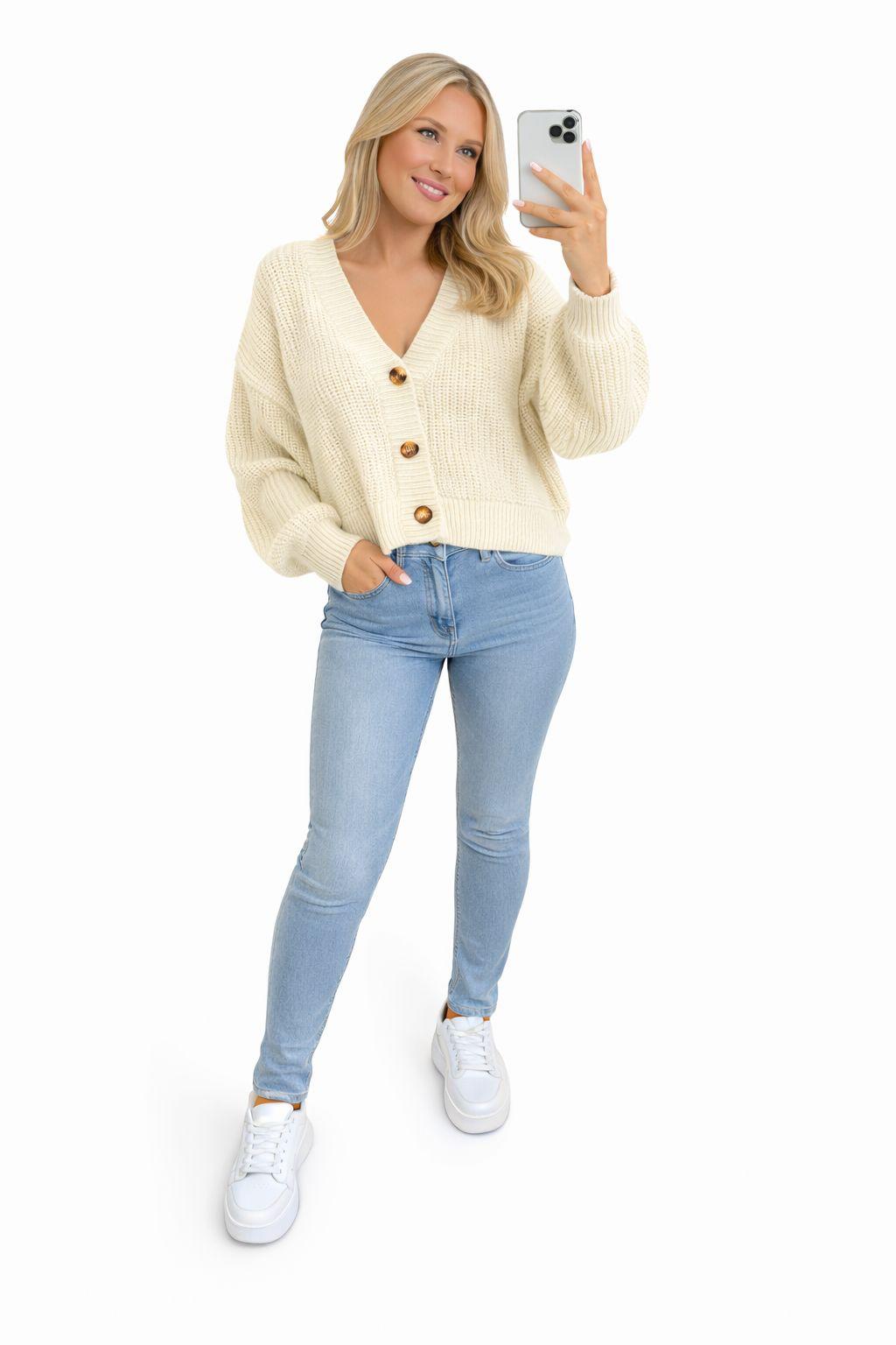 Chunky Knit Cardigan Balloon Sleeve Cropped 3 Button Jumper Soft Cozy Top
