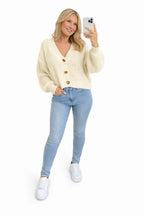Chunky Knit Cardigan Balloon Sleeve Cropped 3 Button Jumper Soft Cozy Top
