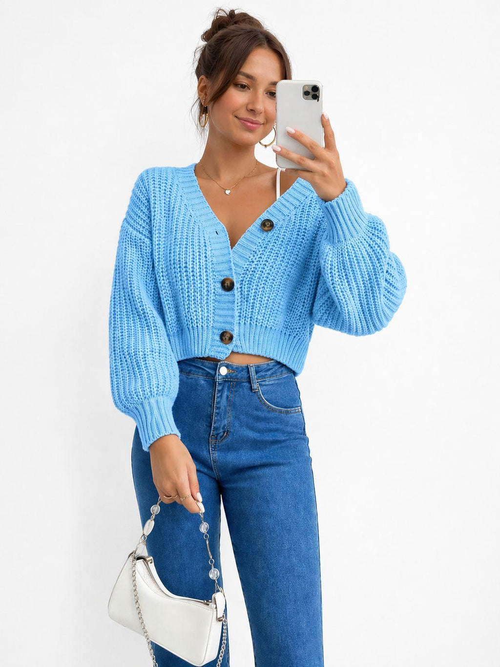 Chunky Knit Cardigan Balloon Sleeve Cropped 3 Button Jumper Soft Cozy Top