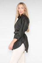 PU Faux Leather Belted Wet Look Shirt Dress