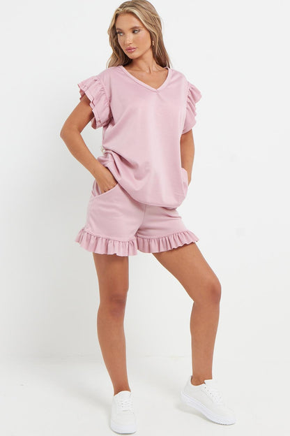 Ladies V Neck Frill Peplum Sleeve Top and Short 2 Piece Tracksuit Set