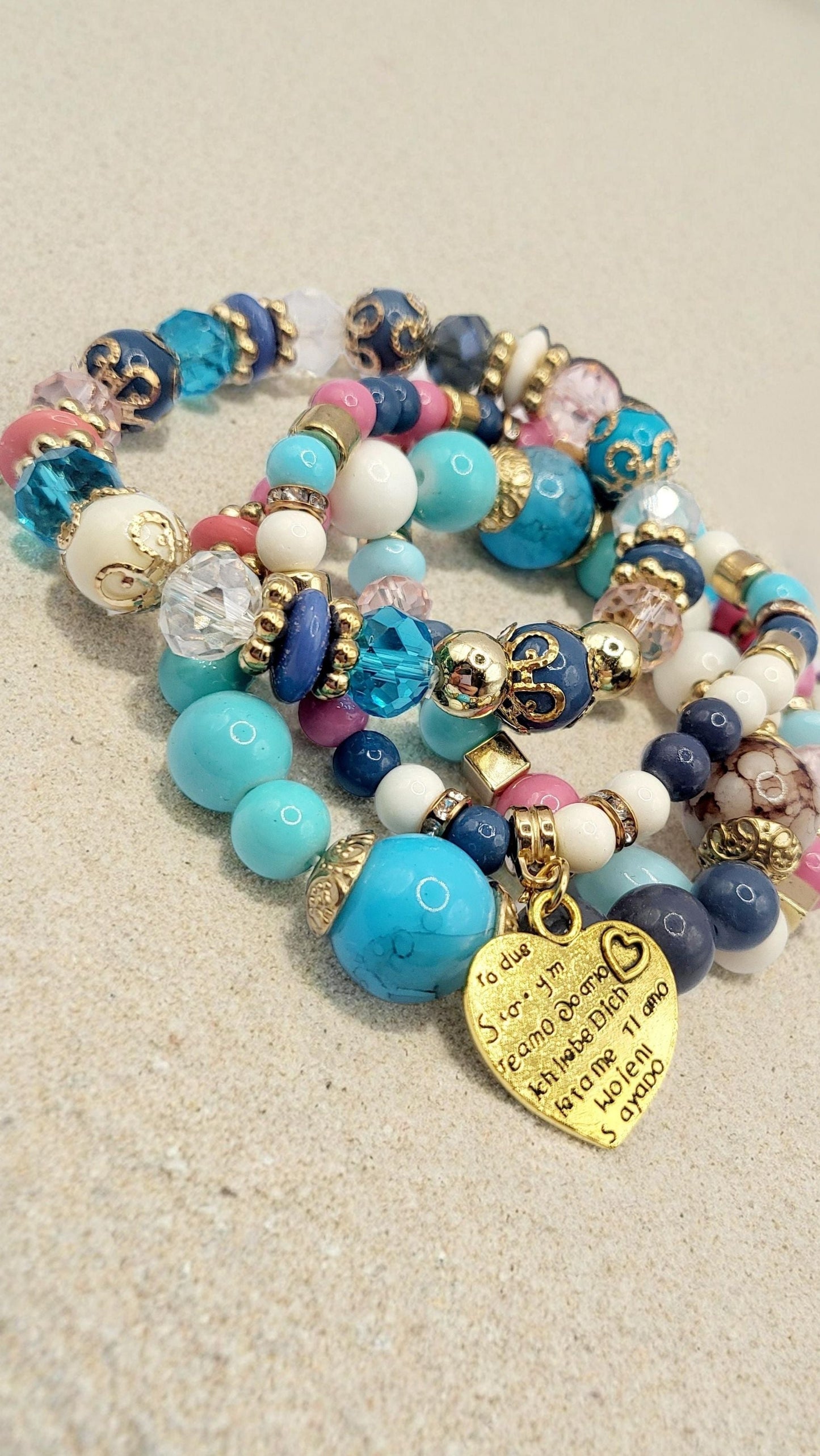Heart Charm Ceramic Beaded Bracelet Set