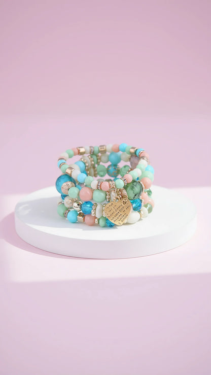 Heart Charm Ceramic Beaded Bracelet Set