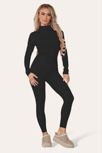 Ribbed High Neck Zipper Collar Jumpsuit Front Unitard Set