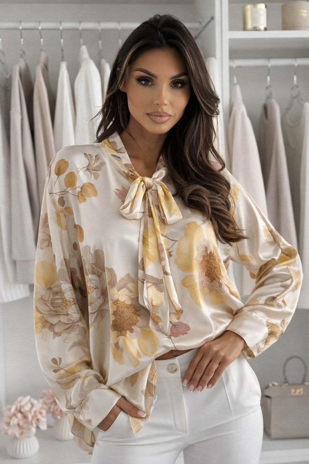 Floral print satin pussy-bow blouse