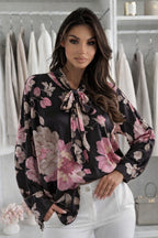 Floral print satin pussy-bow blouse