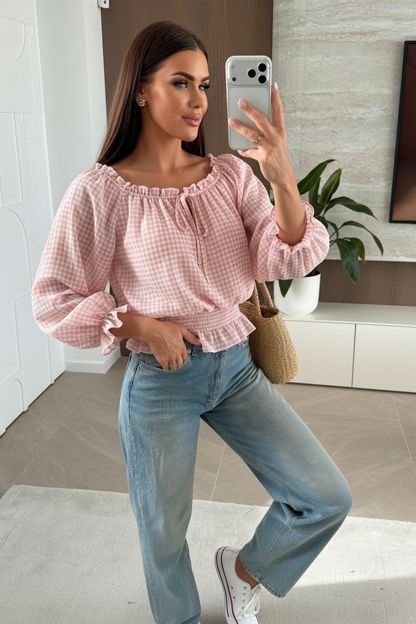 Check print off-the-shoulder blouse with viscose lining