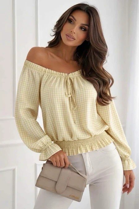 Check print off-the-shoulder blouse with viscose lining
