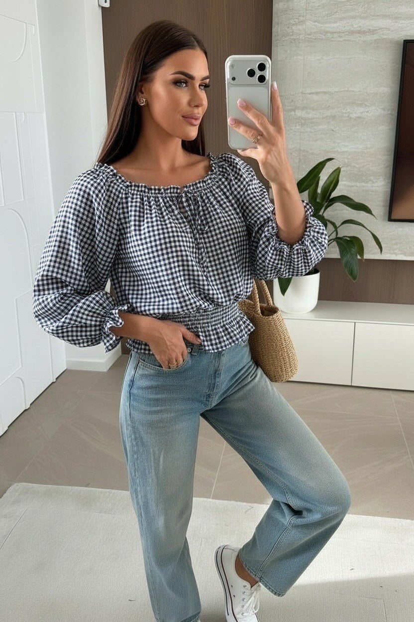 Check print off-the-shoulder blouse with viscose lining