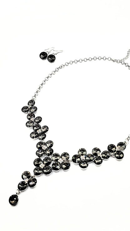 Black Flower Cluster Crystal Necklace & Earrings Set