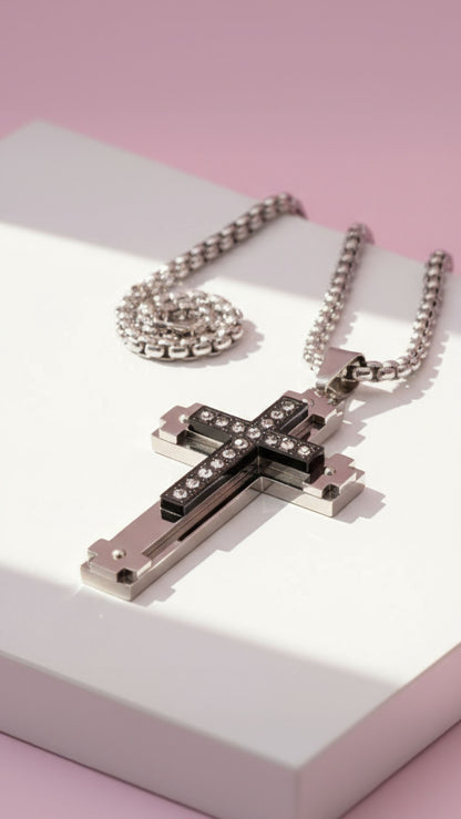 Layered Crystal Black & Silver Cross Necklace