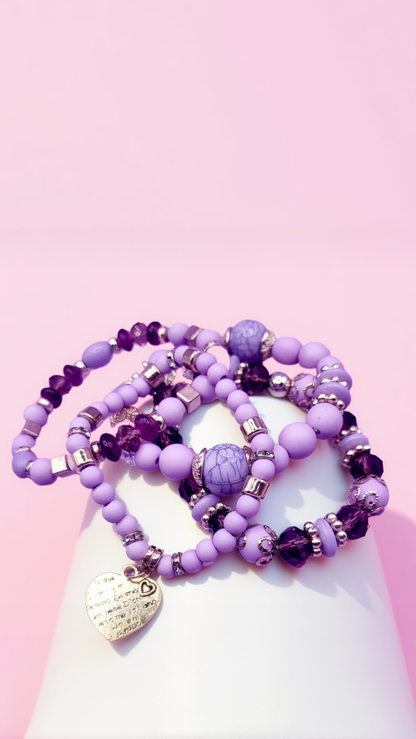 Heart Charm Ceramic Beaded Bracelet Set