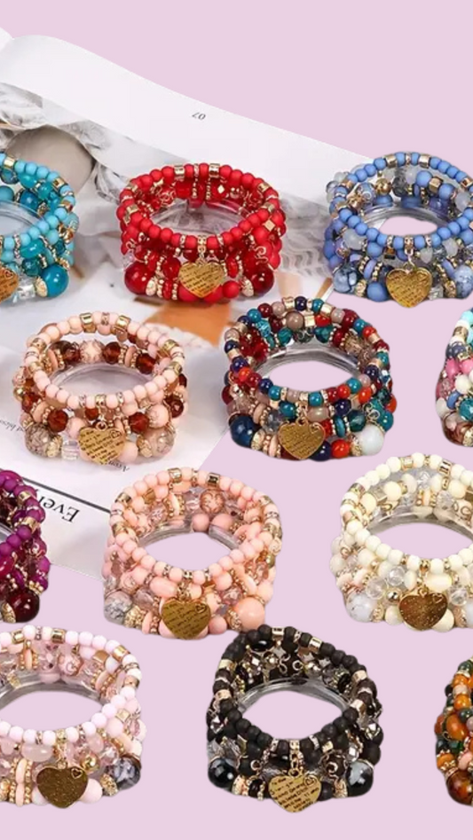 Heart Charm Ceramic Beaded Bracelet Set