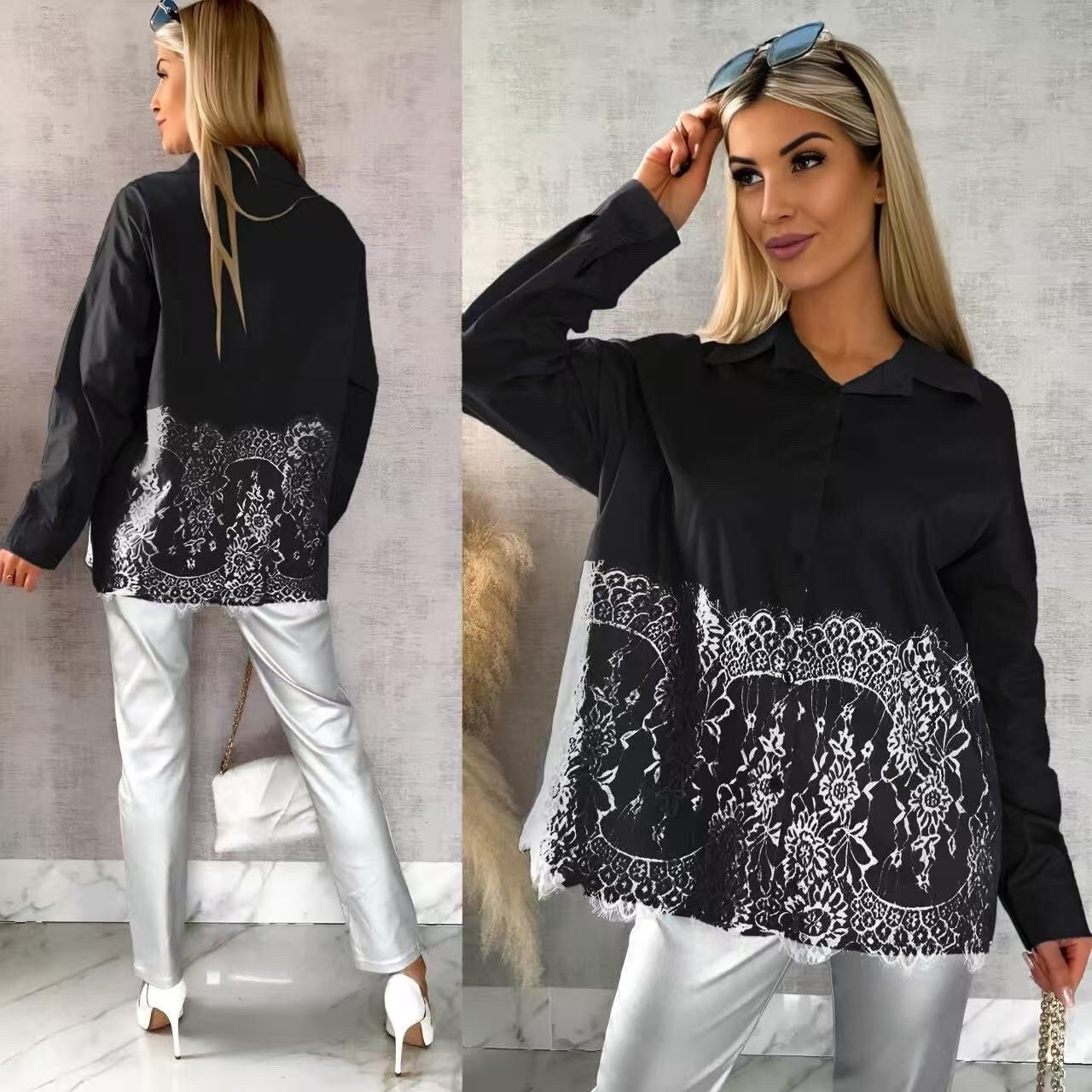 Cotton poplin shirt with lace detail