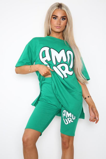 Cycling Short and T-Shirts Co-Ord Two Piece Side Slit Set with Front Printed Slogan
