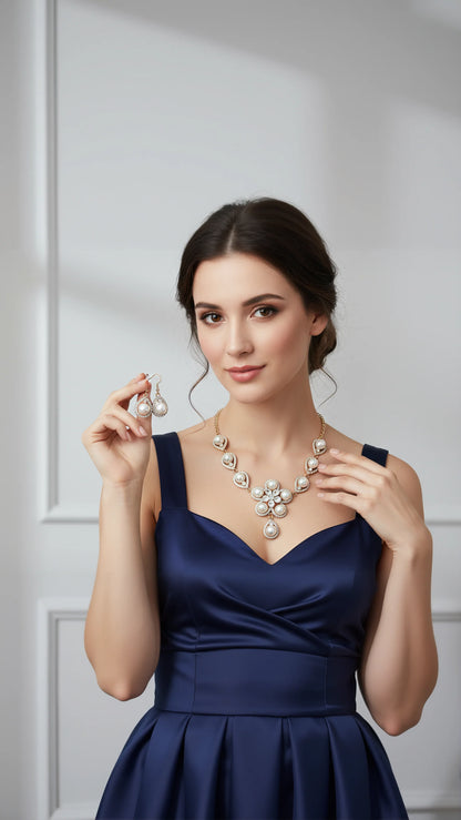 Pearl Crystal Flower Necklace & Earrings Set