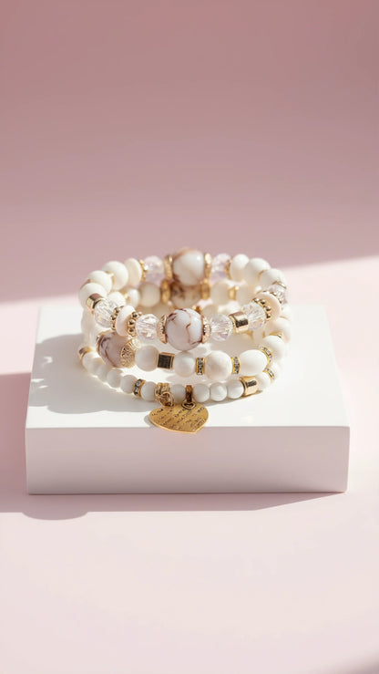 Heart Charm Ceramic Beaded Bracelet Set