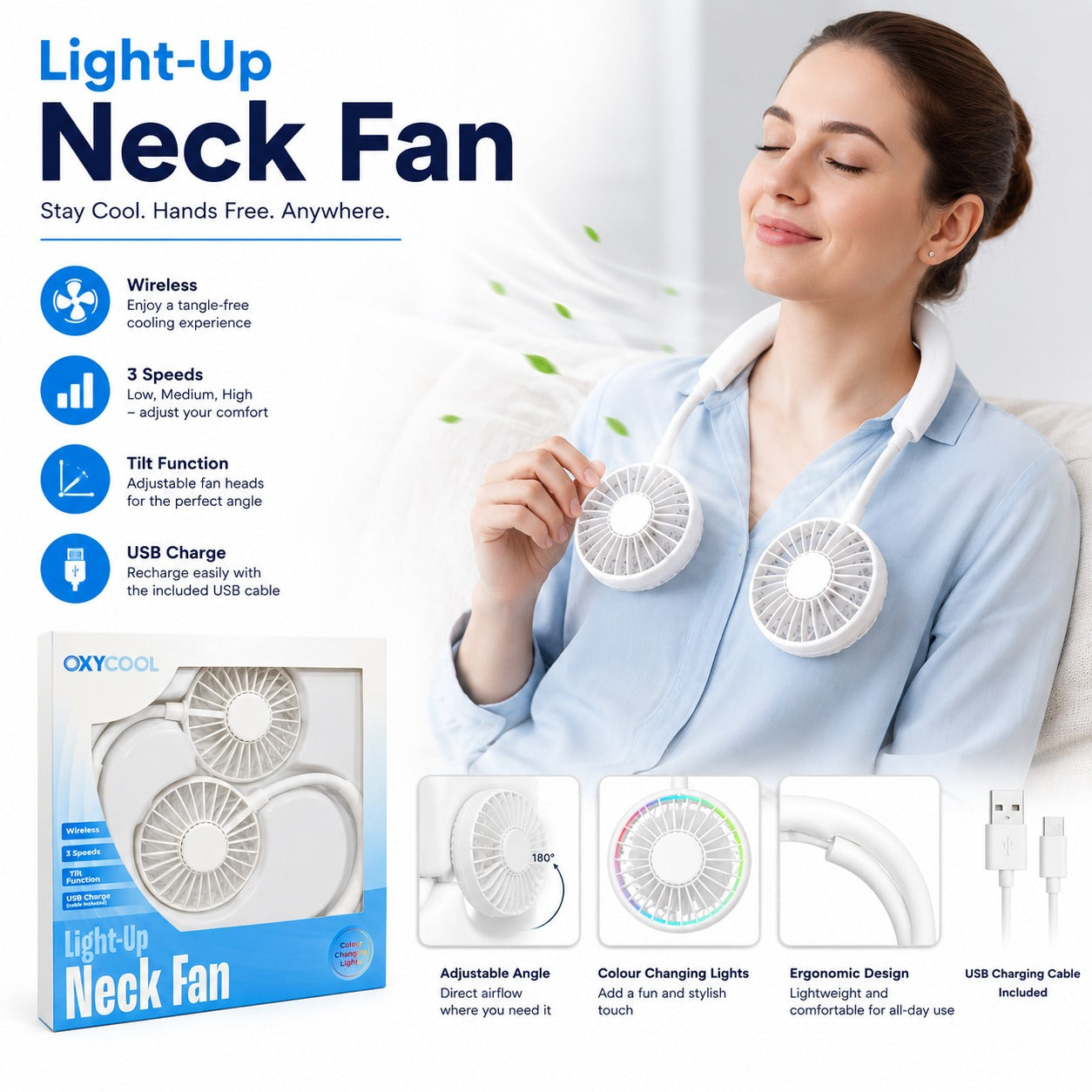 Light-Up Neck Fan – Wireless, Hands-Free Cooling with Adjustable Speeds