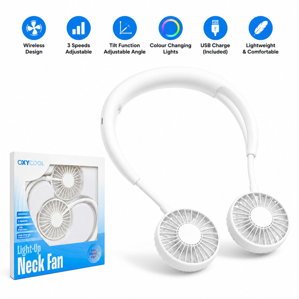 Light-Up Neck Fan – Wireless, Hands-Free Cooling with Adjustable Speeds