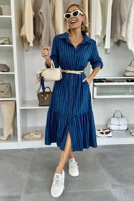 Long striped cotton shirt dress with belt