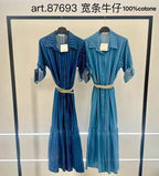 Long striped cotton shirt dress with belt