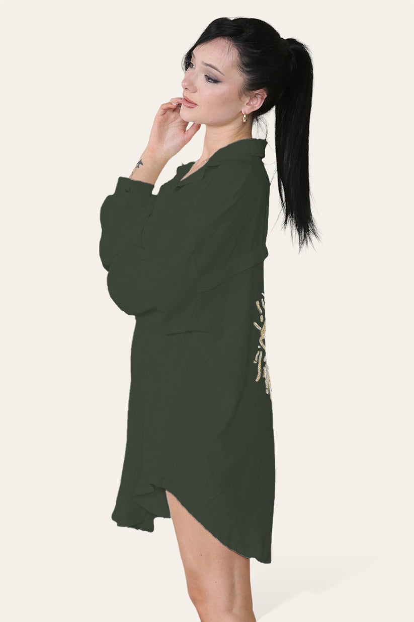 Oversized Long Sleeve Gold Sequin Eye Button Up Shirt