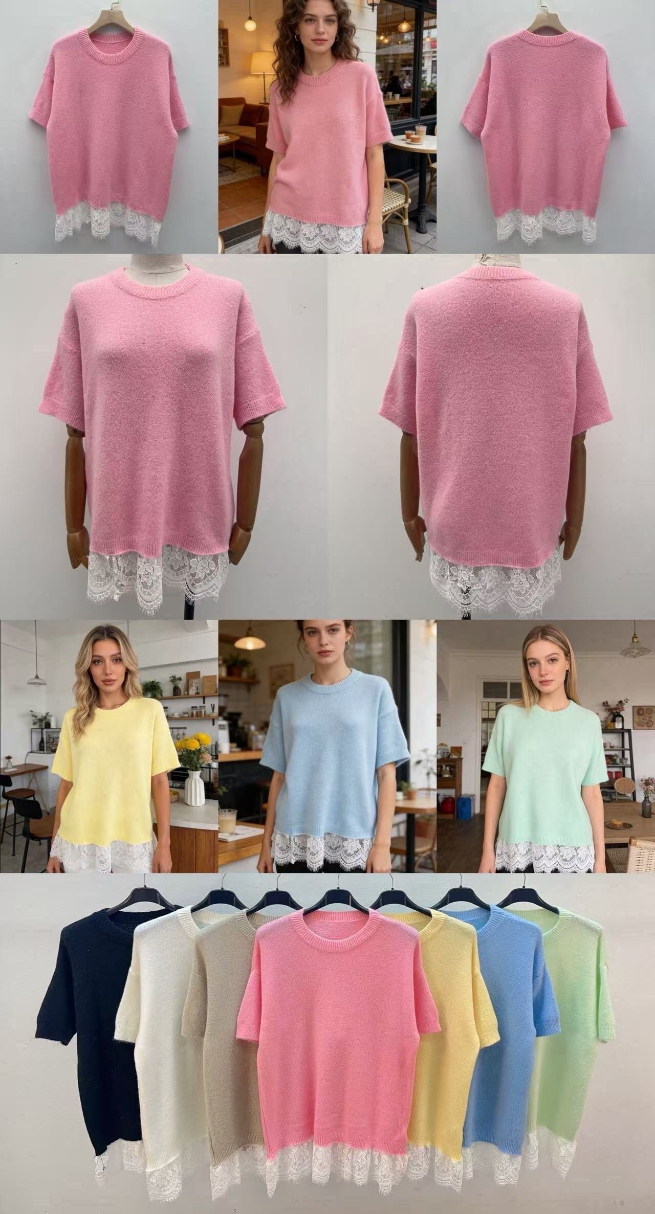 Baby alpaca sweater with lace detail V-neck short sleeves