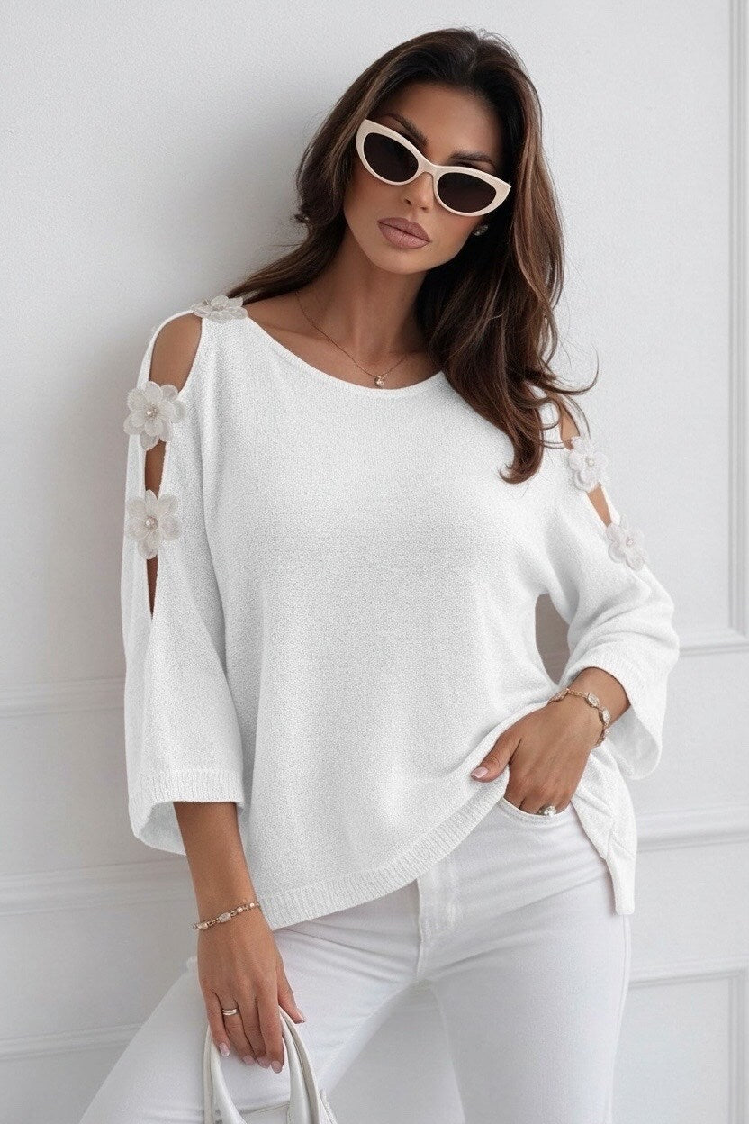 Open shoulder fine knit sweater with flowers