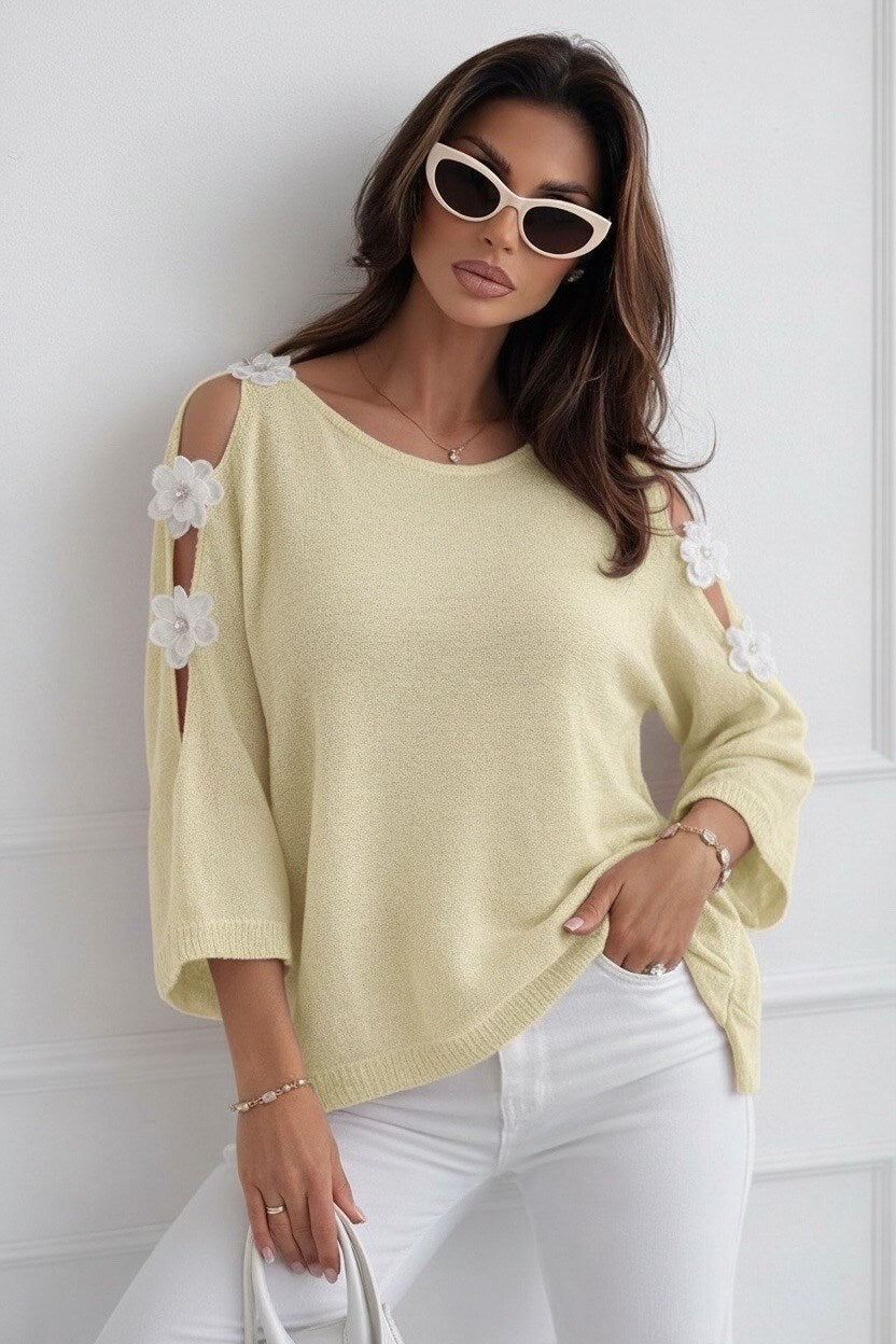 Open shoulder fine knit sweater with flowers