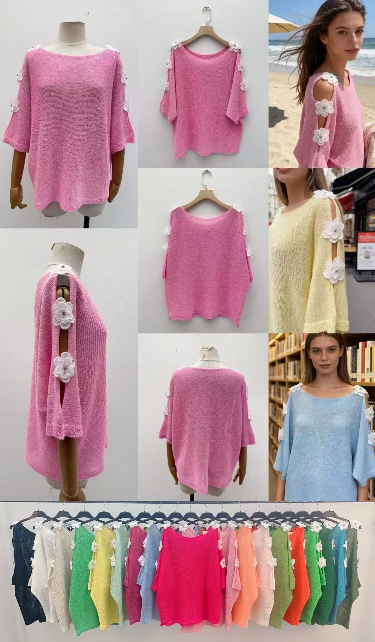 Open shoulder fine knit sweater with flowers