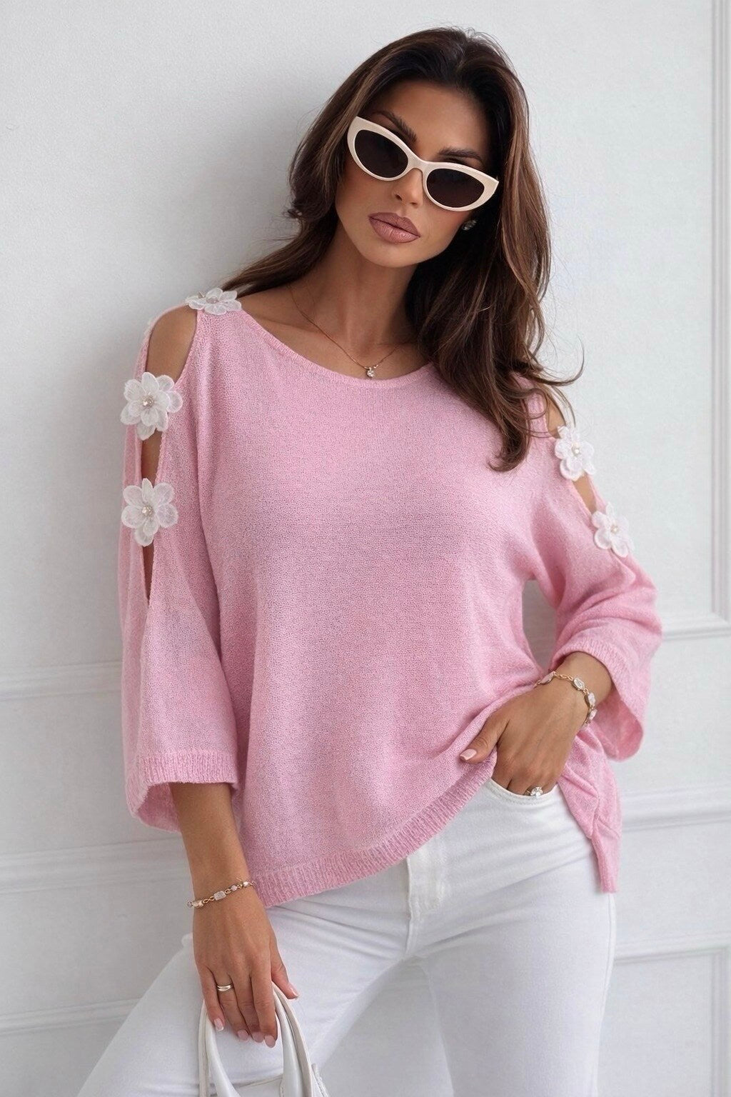 Open shoulder fine knit sweater with flowers